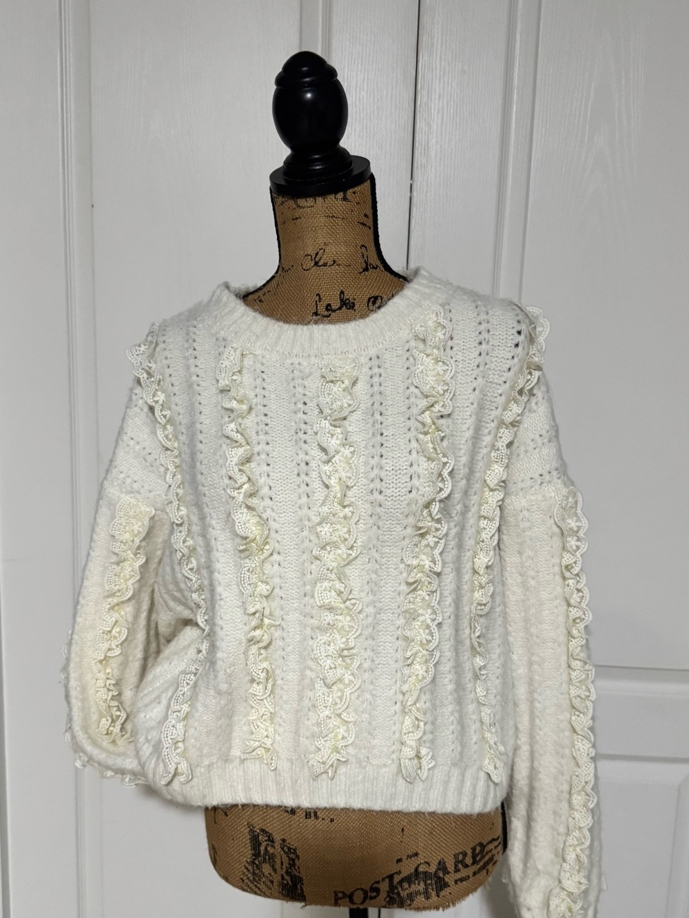 Mustard Seed Cream Ruffle Cable Knit Crewneck Sweater